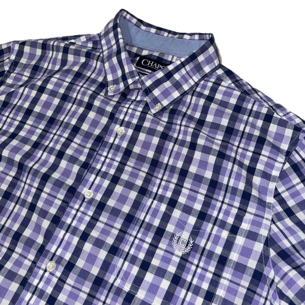 Chaps Easy Care Short Sleeve Button Down Shirt XL Purple Blue Plaid Cotton Blend
